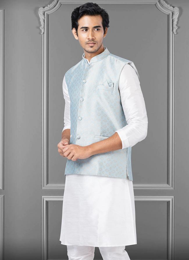 Jacquard Silk Sky Blue Festival Wear Embroidery Work Readymade Men's Waistcoat